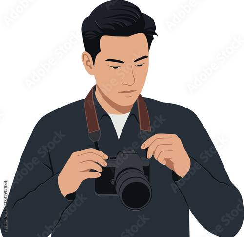 A focused young man adjusting a camera in a flat vector illustration showcasing his passion for photography