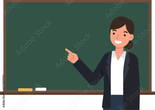 Teacher presenting lesson in a classroom with chalkboard in a flat vector illustration