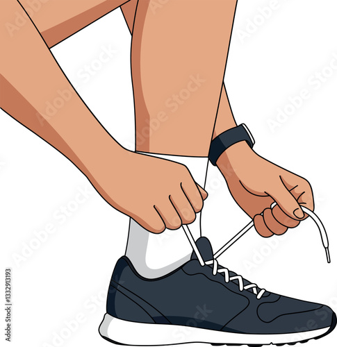 Man tying shoelaces on a running shoe in a flat, minimal style vector illustration