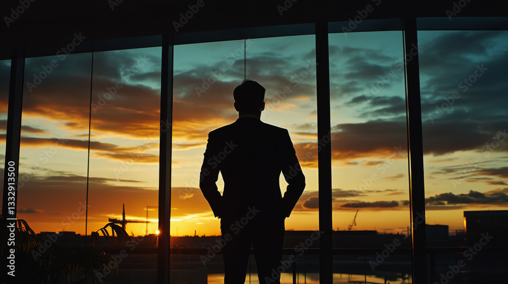 The silhouette of a sharp-minded young managing director stands near a large office window, unwinding after a late business meeting, with ample space for promotional content or text in the background The silhouette of a sharp-minded young managing director stands near a large office window, unwinding after a late business meeting, with ample space for promotional content or text in the background