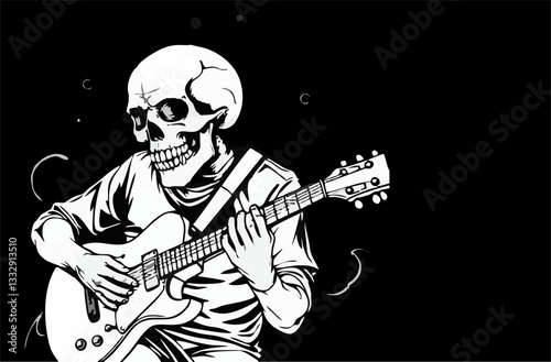 illustration of skull man playing metalica music