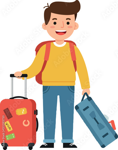Young traveler with two suitcases smiling in a flat, colorful vector illustration