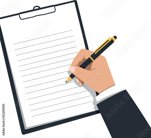 Hand holding a pen writing on a clipboard in flat vector illustration style