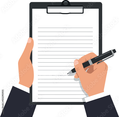 Hands holding a clipboard while writing with a pen in a flat vector illustration