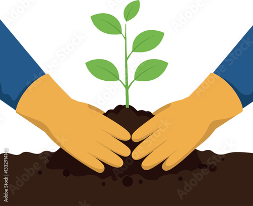 Hands in yellow gloves planting a small green seedling in dark soil flat vector illustration