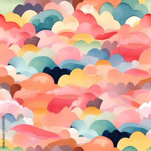 Seamless watercolor cloud pattern in soft pastel and warm tones