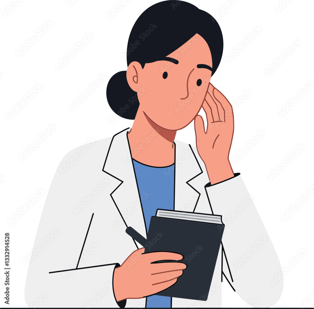 Professional woman in white lab coat pondering over notebook in flat vector illustration