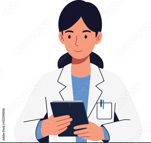Medical professional in a white coat using a tablet, flat vector illustration depicting healthcare and technology