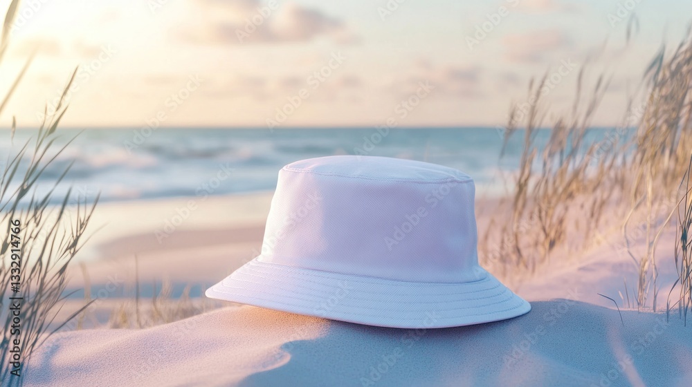White bucket hat on sandy beach at sunset. White bucket hat on sandy beach at sunset.
