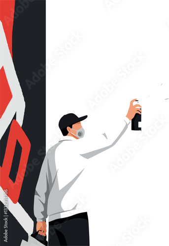 Street artist in a white hoodie and black cap spray painting a mural in flat vector art
