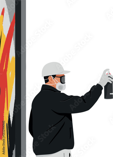 A graffiti artist in a black jacket spray painting a vibrant mural in flat vector art