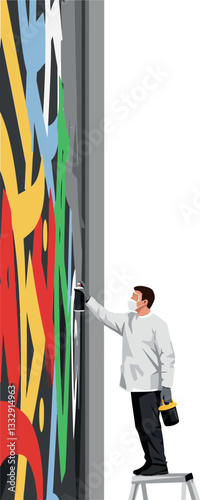 Artist painting a vibrant mural with spray paint on a tall wall in flat vector illustration