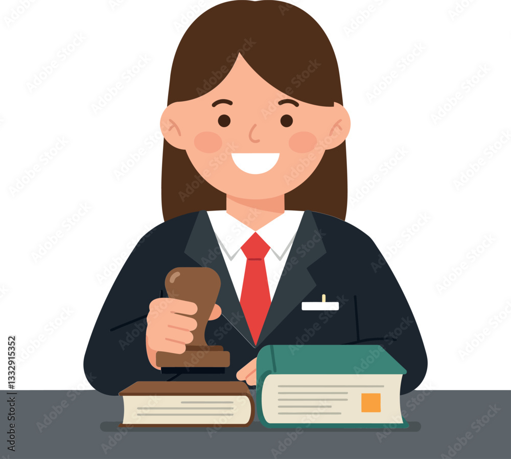 Confident young woman in a black suit using a gavel with law books in a minimal vector illustration Confident young woman in a black suit using a gavel with law books in a minimal vector illustration