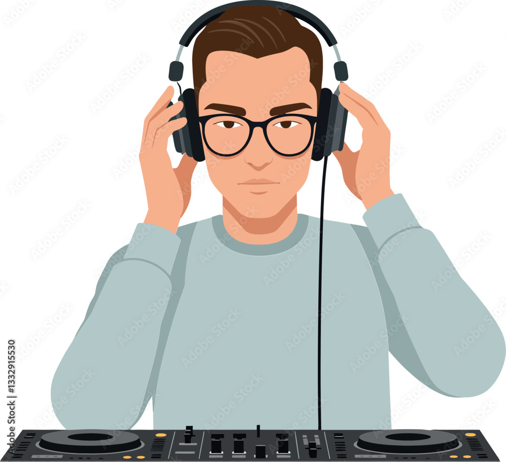 Young male DJ wearing headphones, focused on mixing music at a turntable, modern flat vector illustration Young male DJ wearing headphones, focused on mixing music at a turntable, modern flat vector illustration