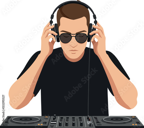 DJ focused on mixing tracks at a turntable in minimal vector art