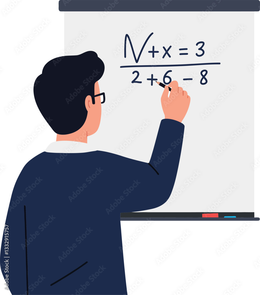 Teacher writing mathematical equation on whiteboard in flat vector illustration style Teacher writing mathematical equation on whiteboard in flat vector illustration style