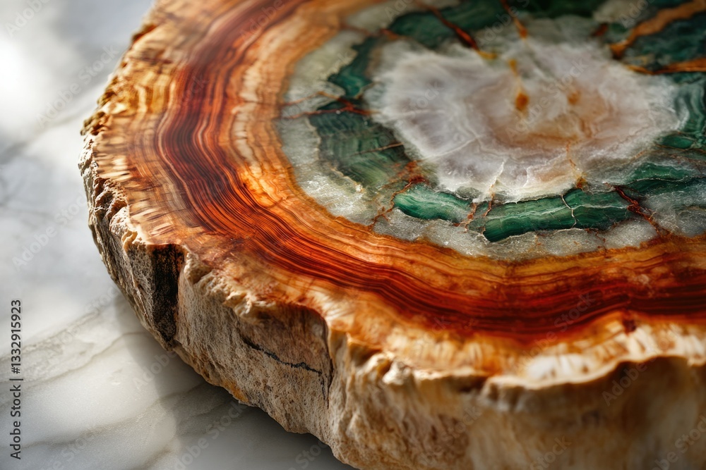 Obraz premium A stunning cross-section of petrified wood showcasing vibrant orange, green, and white hues.