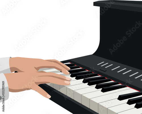 A skilled musician playing a grand piano in a flat style vector illustration showcasing fingers gracefully pressing the keys