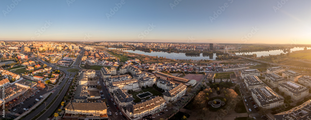 Aerial view of Badajoz with bridges spanning across the Guadiana river in Spain