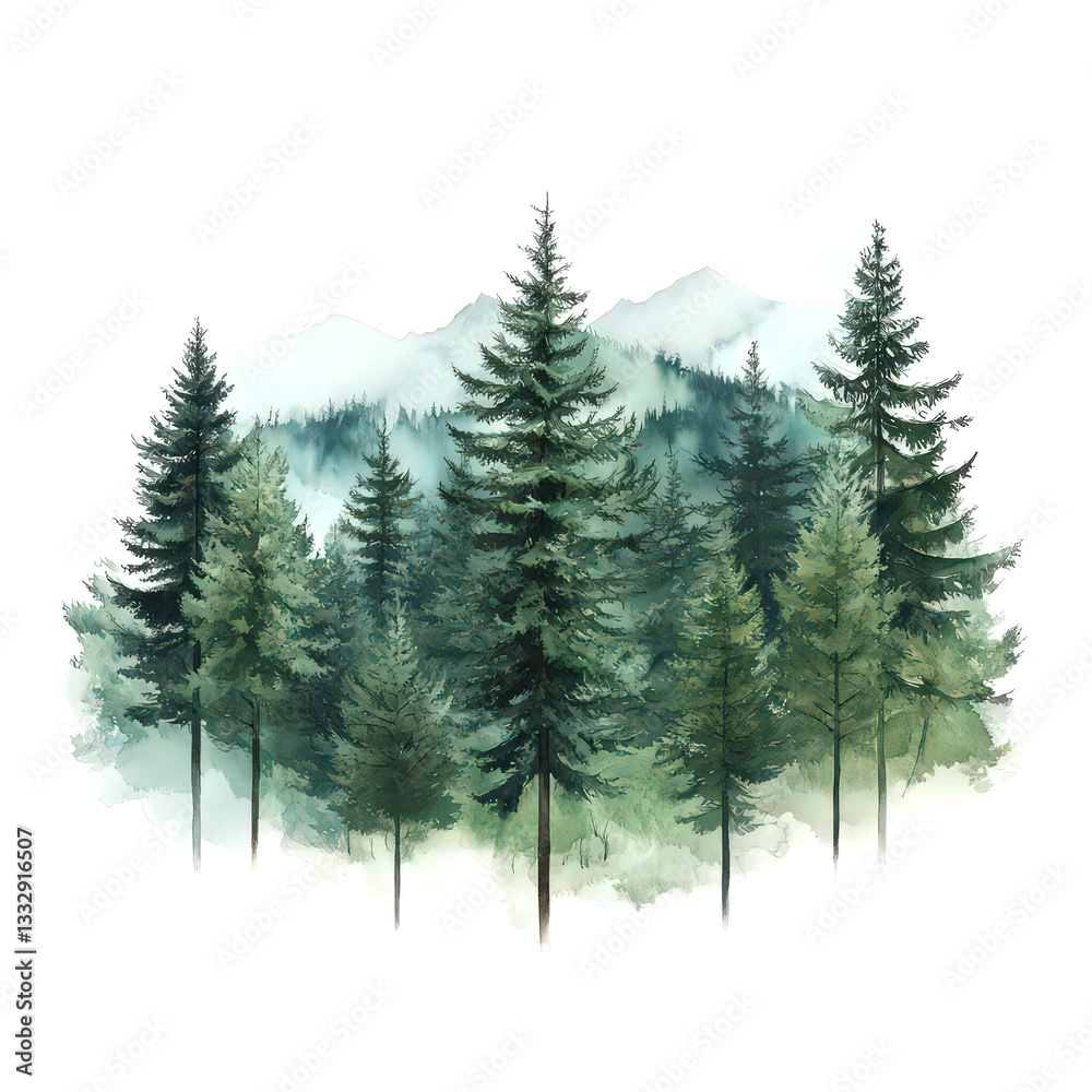 Obraz premium Watercolor of a foggy coniferous forest, in green tones. Silhouette of trees. The Nature of Hand-drawn Illustration