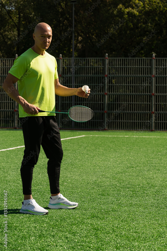 Strong caucasian badminton player racquet hit shuttlecock while practice before competition. Summer sports game, outdoors. Game moment.