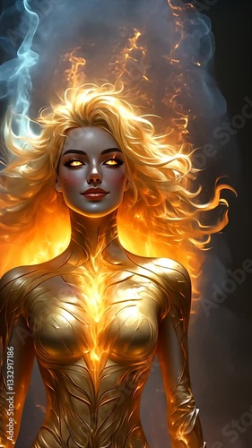 Enigmatic woman with fiery golden aura in a mystical background