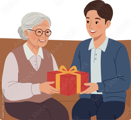 A young man joyfully presenting a red gift box to an elderly woman in a cozy, flat vector illustration