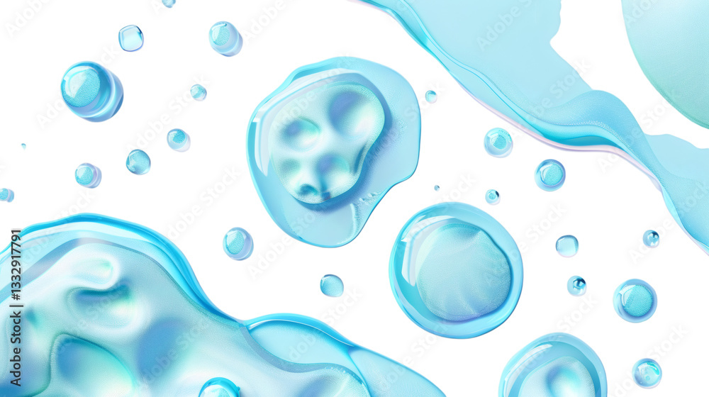 Fluid holographic blue water drops in a 3D style isolated on a white background Fluid holographic blue water drops in a 3D style isolated on a white background