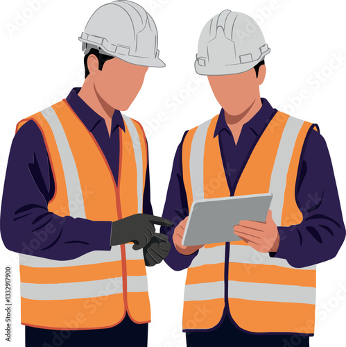 Two construction workers in safety vests discussing project details with a tablet in a flat vector illustration