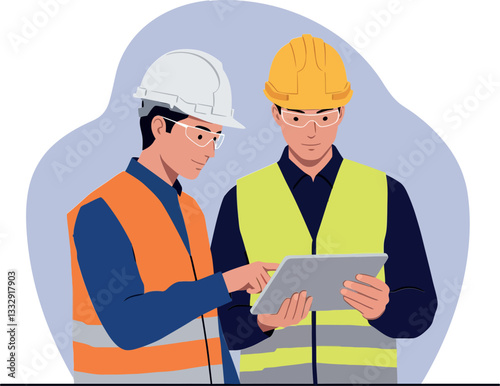 Two construction workers in safety gear analyzing plans with a tablet in a minimal vector illustration