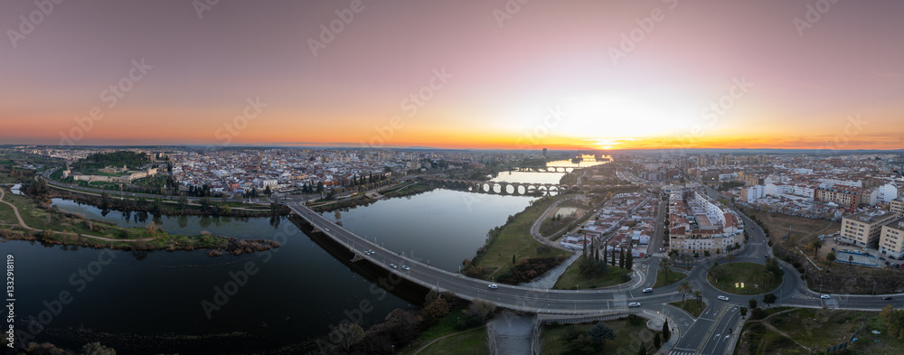 Aerial view of Badajoz with bridges spanning across the Guadiana river in Spain