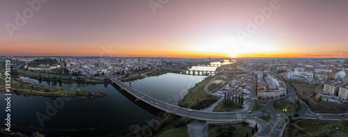 Obraz na płótnie Aerial view of Badajoz with bridges spanning across the Guadiana river in Spain w salonie