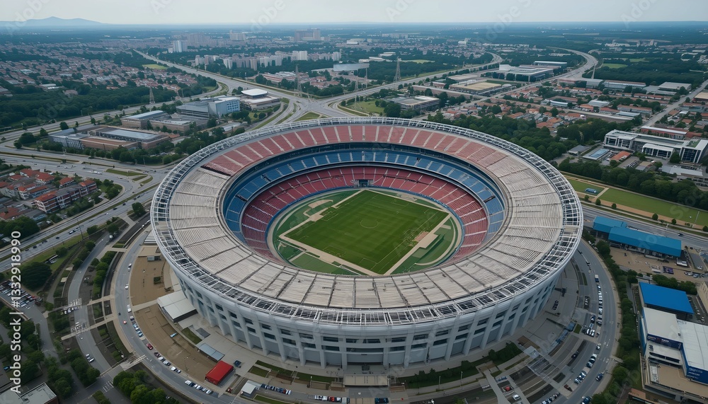 Fototapeta premium An aerial view of a massive stadium, showing the circular seating arrangement, a bright green sports field in the center, and a surrounding cityscape with roads and parking lots filled with cars