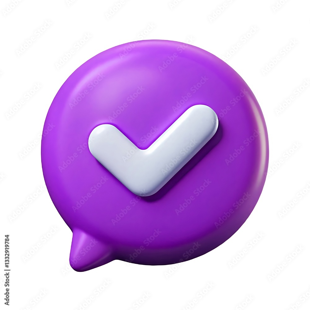 A Bright purple Speech White Checkmark, Signifying Approval And Completion With A Bold 3d Design