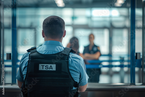A Transportation Security Administration (TSA) officer stands at an airport security checkpoint, attentively monitoring passengers.