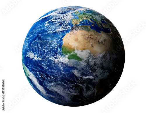 Perfectly lit, high-resolution realistic image of PLANET EARTH isolated on a white background, great for educational materials, presentations, science projects, and environmental campaigns.
