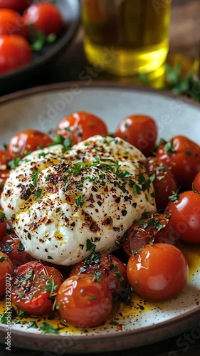 Fresh burrata cheese served on roasted cherry tomatoes with herbs