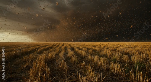 Flying Insects Over Field with Stormy Sky Threatening Harvest