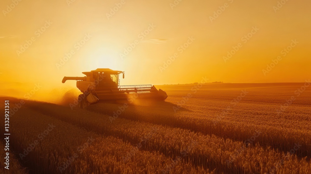 Golden hour sunset over a combine harvester working in a wheat field. Golden hour sunset over a combine harvester working in a wheat field.