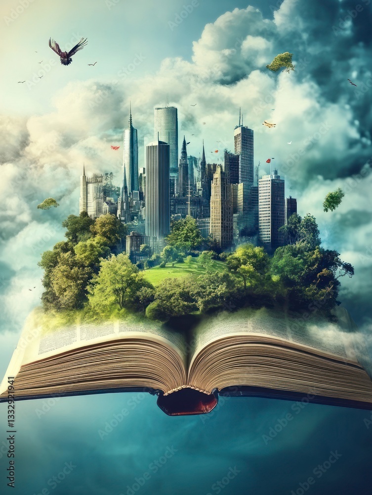 Fototapeta premium City Emerging From Open Book Surrounded by Nature and Cloudy Sky
