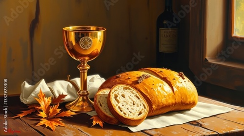 Golden Chalice Bread Still Life Painting Autumnal Theme