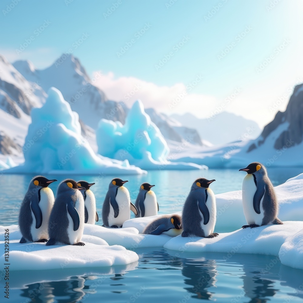 Fototapeta premium charming penguin colony icy coastal landscape serene seascape frozen shores nature wildlife habitat, ice, snow, animal, ecosystem, rock, horizon, drift, ocean