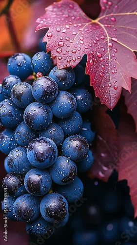 Freshly harvested blue grapes glistening with dew among autumn leaves
