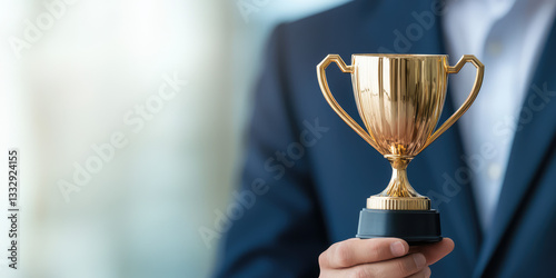 Male office worker in business suit holding gold trophy cup in office background. Best employee award, success leader