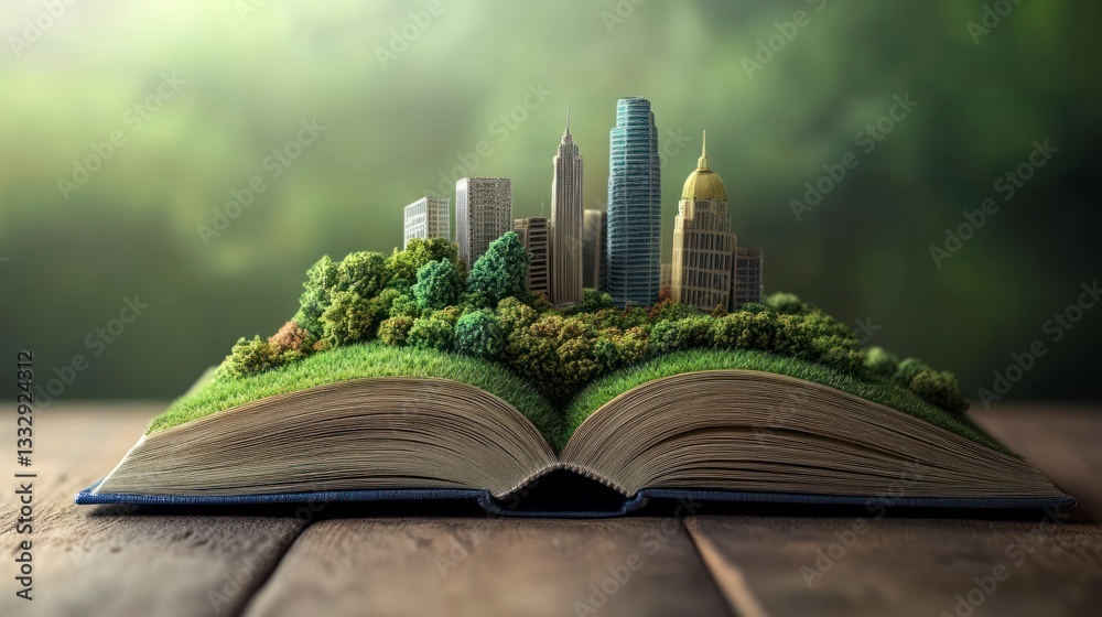 Fototapeta premium Cityscape Emerging From Open Book Representing Urban Greening and Sustainability