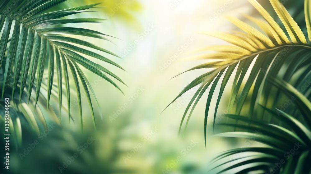 Fototapeta premium Palm Leaves Foreground Framing Soft Light Through Green Tropical Background