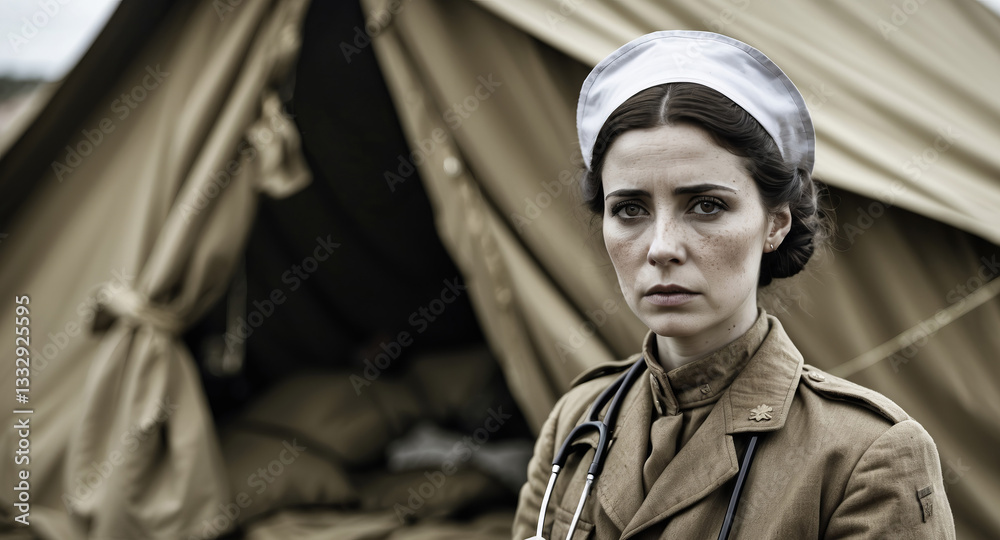 Fototapeta premium Wartime nurse in a military camp shows compassion and resilience during a challenging time