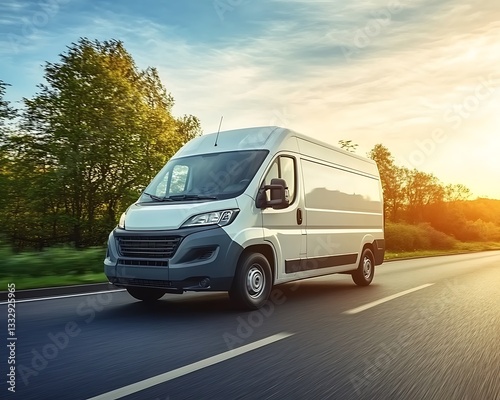 A white cargo van driving on a paved road during the day