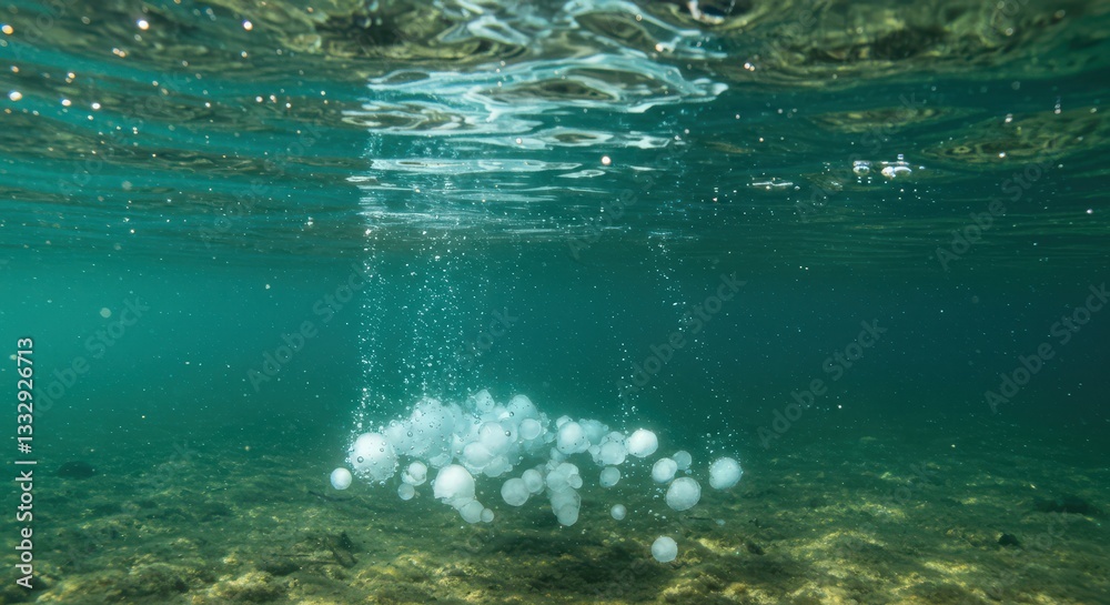 Obraz premium Floating Spheres Underwater with Bubbles Rising in Teal Ocean Scene