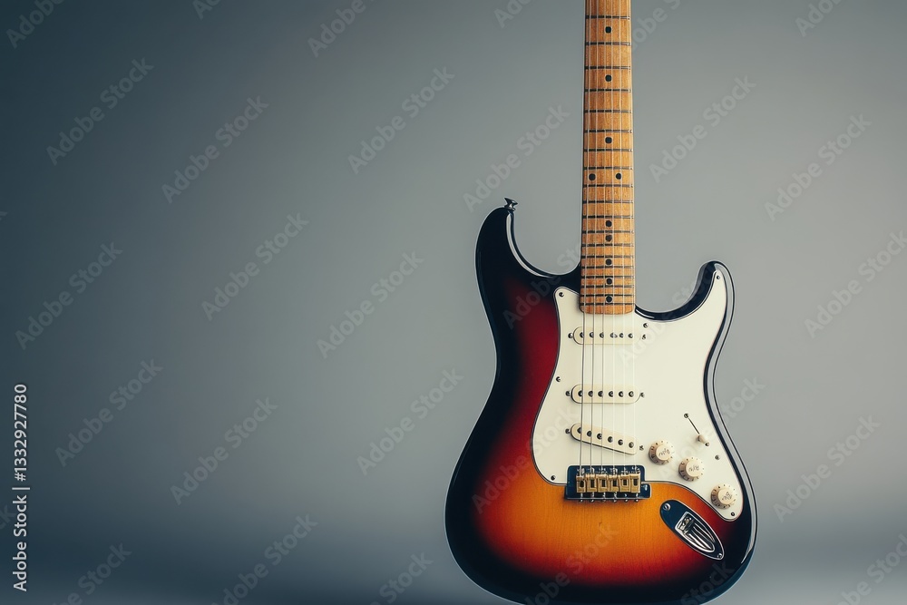 Striking sunburst electric guitar resting against a soft gray backdrop captures the essence of music artistry in a serene setting